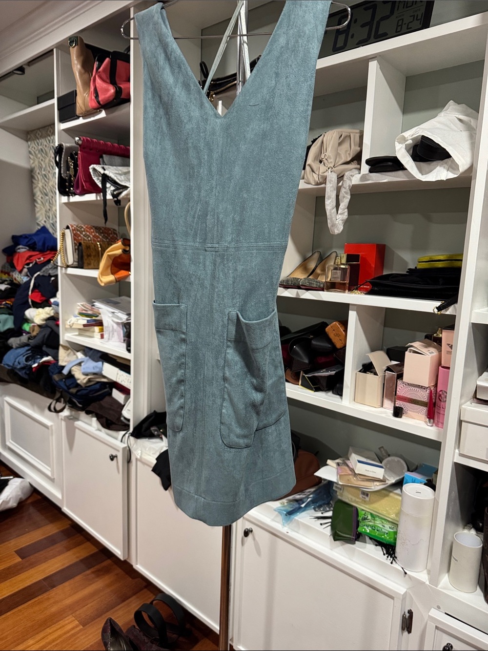 Tahari V-Neck Mini suede Dress in Dusty Teal
